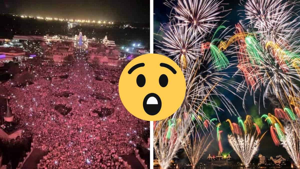 A crowd off people (Left) Fireworks (Right)