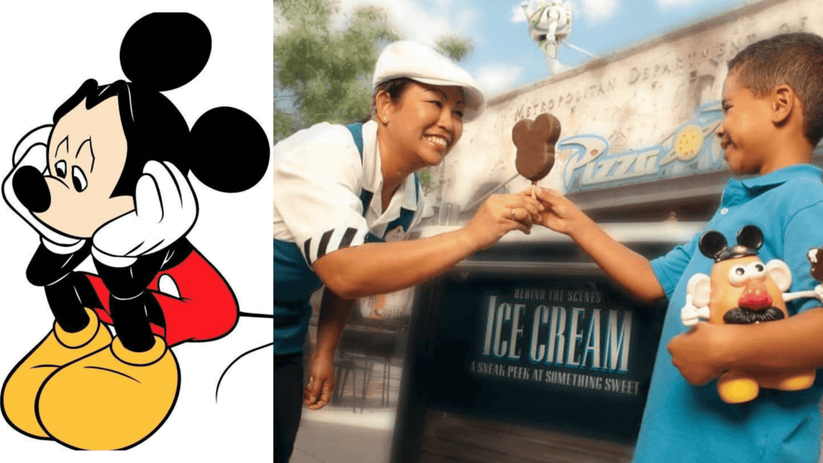 Mickey Mouse (Left) Cast Member giving Ice Cream to a Child (Right)