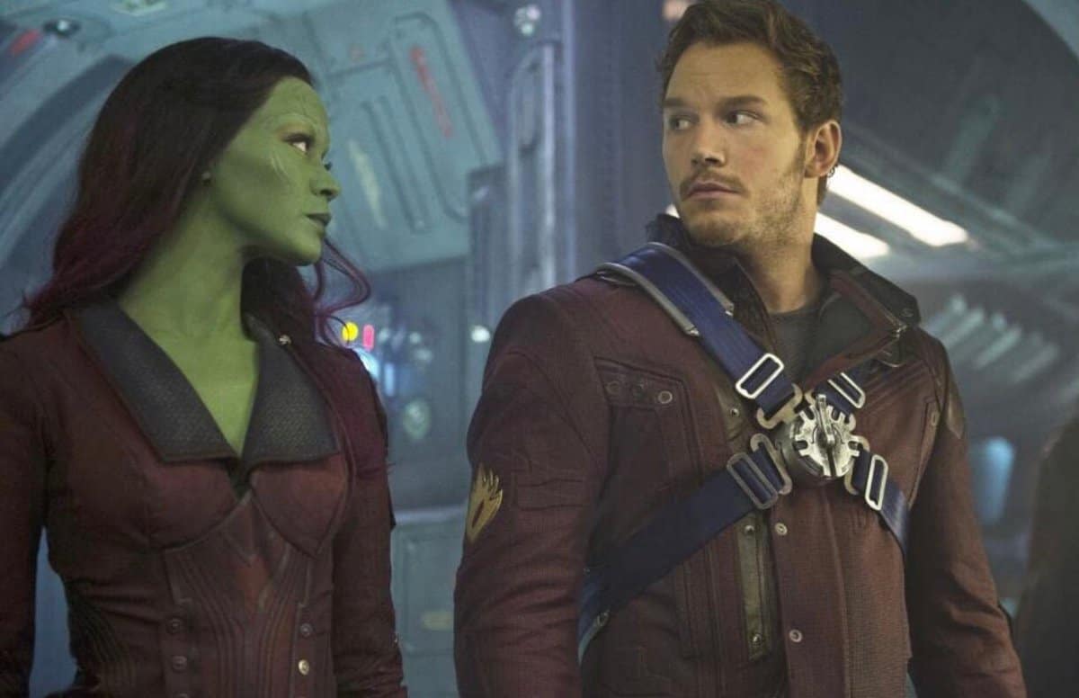 Zoe Saldana as gamora (left) AND chris pratt as peter quill star lord (right) in Guardians of the Galaxy Marvel