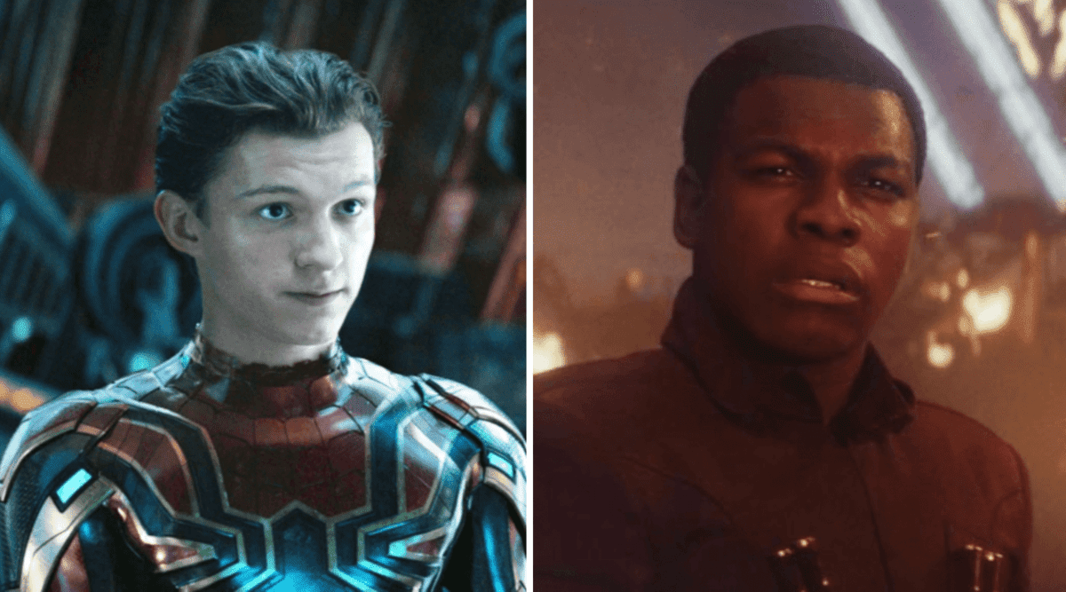 tom holland as spider man (left) and john boyega as finn (right)