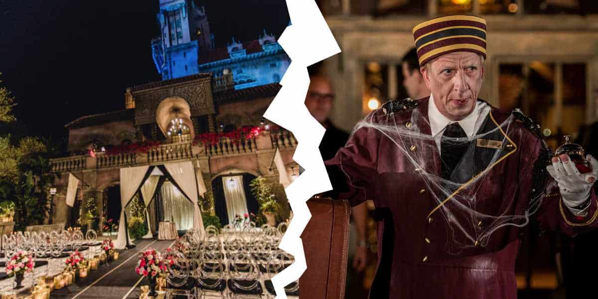 An image is split in two by a jagged, torn effect. The left side shows an elegant nighttime wedding scene with chairs, flowers, and a lit-up building in the background. The right side features a man in a bellhop uniform covered in cobwebs with a concerned expression, evoking a Tower of Terror wedding theme.