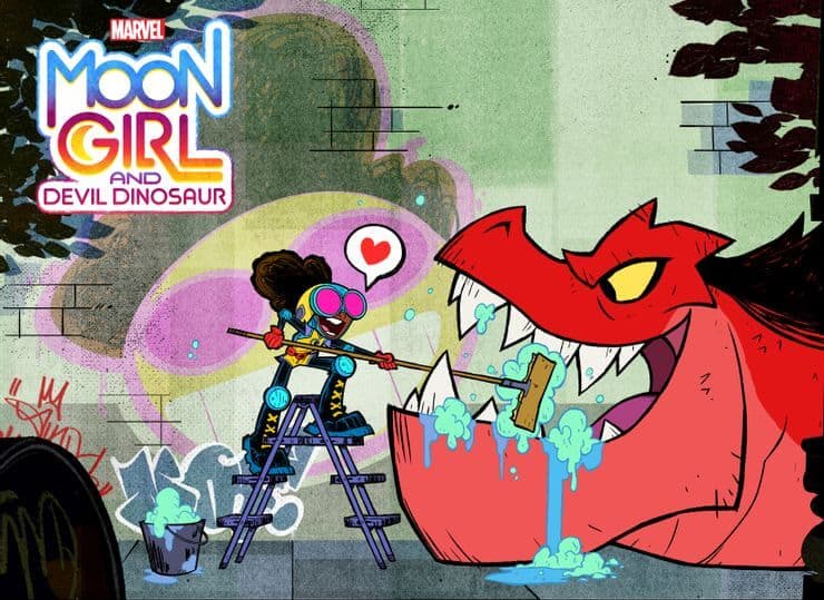 Comic-style image of Moon Girl with goggles standing on a ladder, brushing the teeth of a large, friendly red dinosaur. She has a speech bubble with a heart. Graffiti and the text "Marvel Moon Girl and Devil Dinosaur" adorn the background.