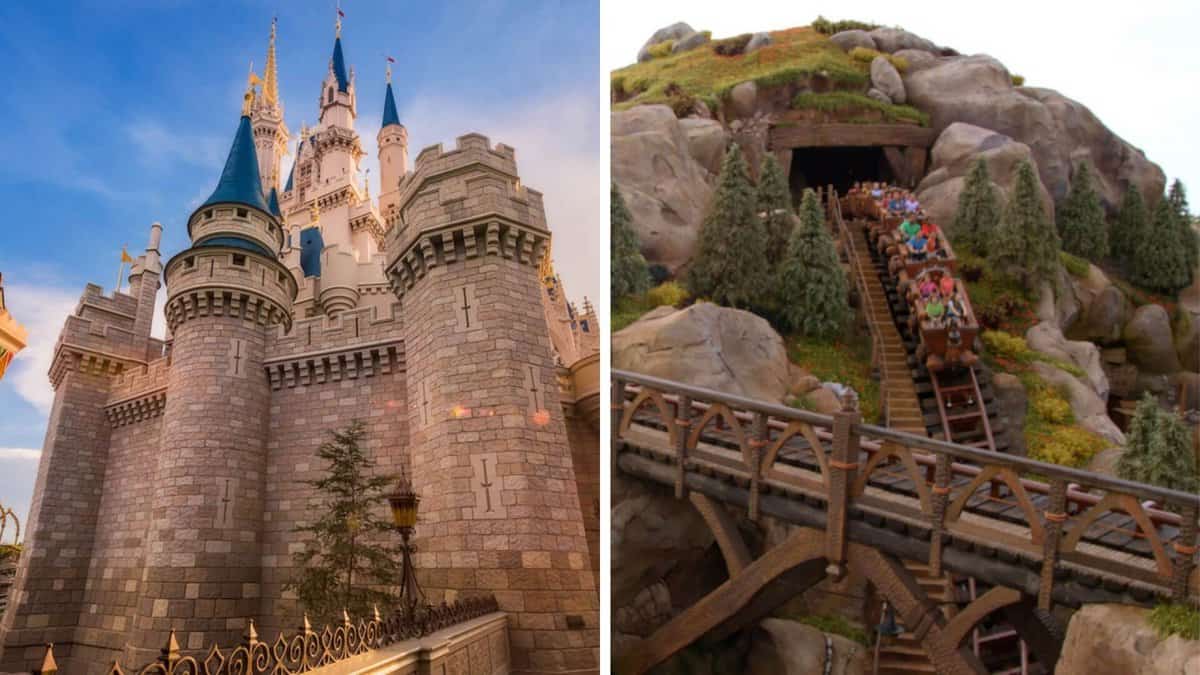 A Disney castle and Seven Dwarfs Mine Train 