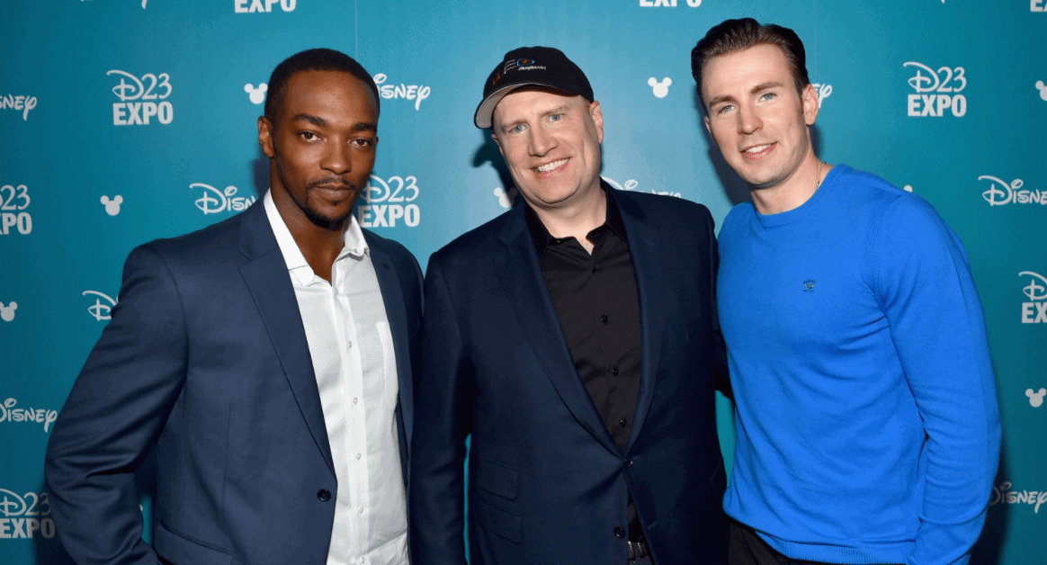 (left to right) anthony mackie, kevin feige, and chris evans at d23 expo