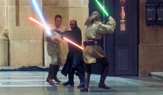 qui-gon jinn and obi-wan kenobi fighting darth maul with lightsabers