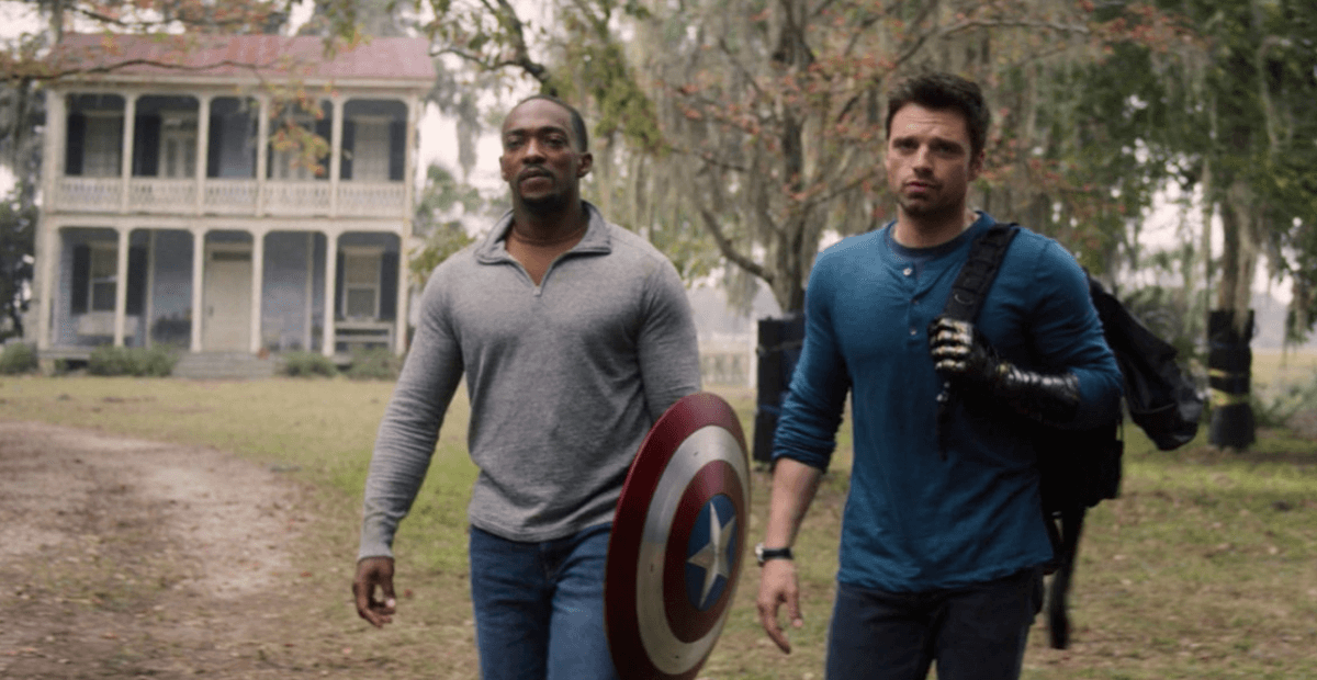 Anthony Mackie, Sebastian Stan standing in front of a building