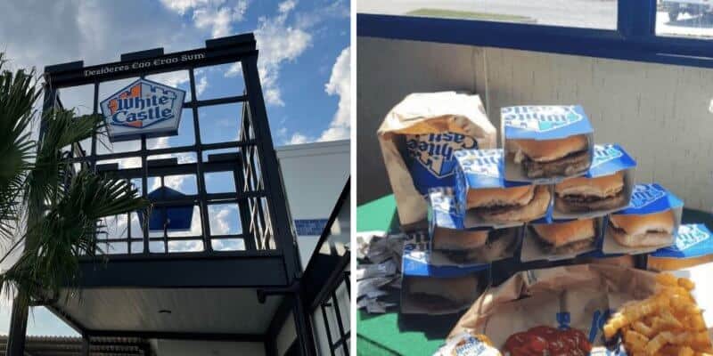 A building and a pile of hamburgers and fries on a table