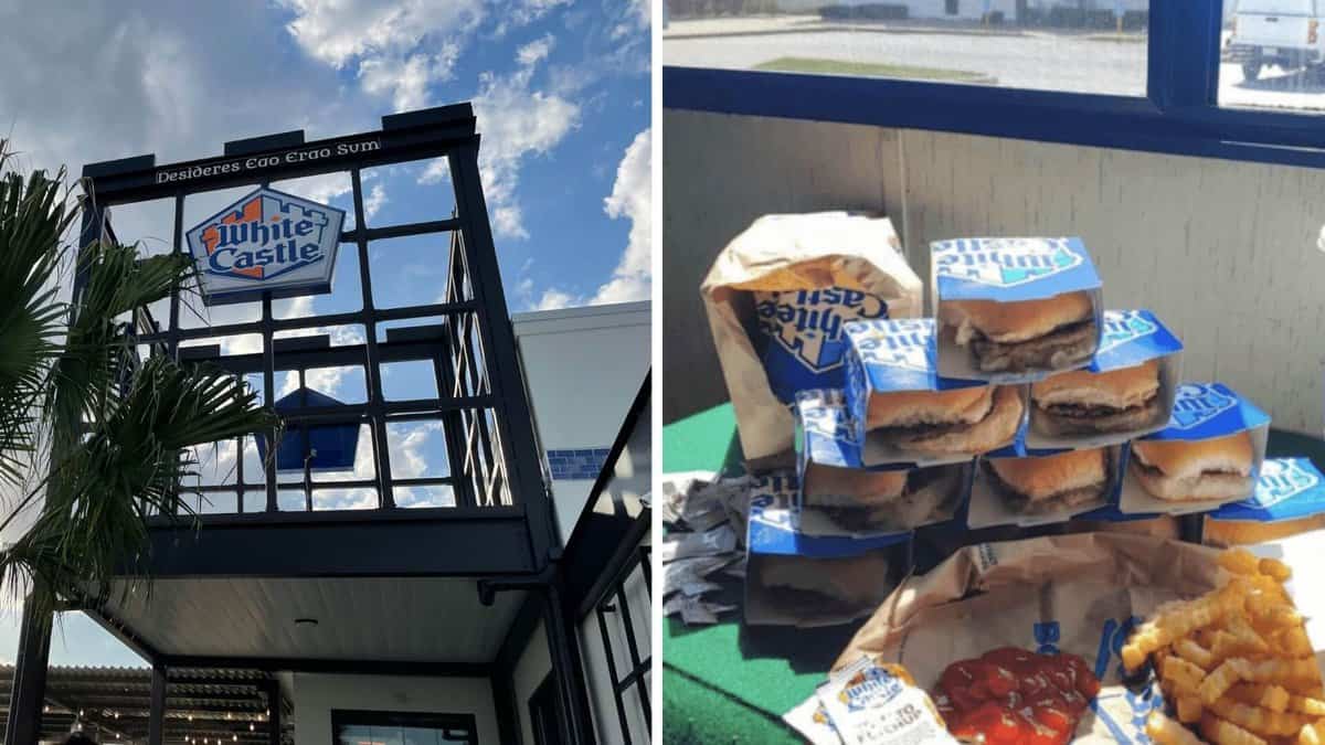 A building and a pile of hamburgers and fries on a table