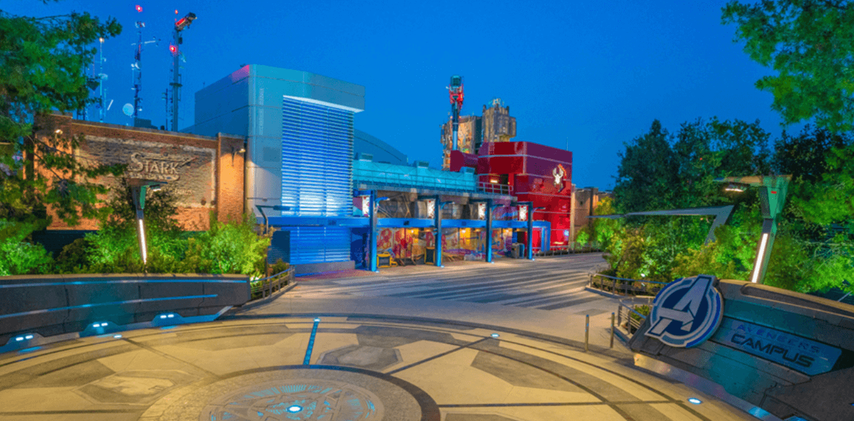 avengers campus at night