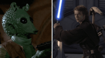 greedo with blaster (left) and anakin skywalker with lightsaber (right)