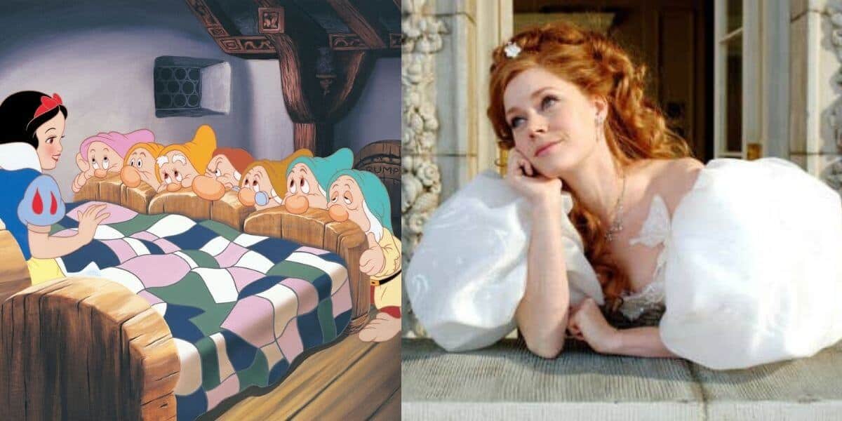 snow white and the seven dwarfs (left) and disenchanted (right)