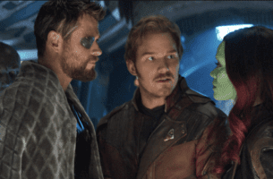 chris hemsworth as thor (left) chris pratt as peter quill aka star lord (center) and zoe saldona as gamora (right) in avengers infinity war