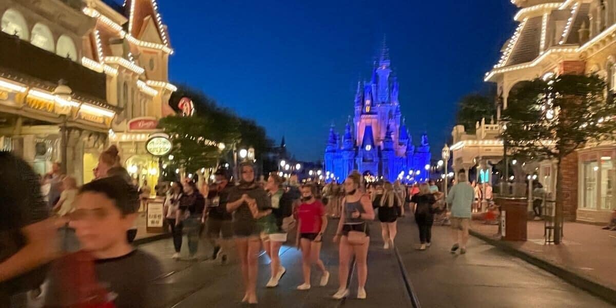 Guests at Disney World's Magic Kingdom at night with Cinderella Castle in the background