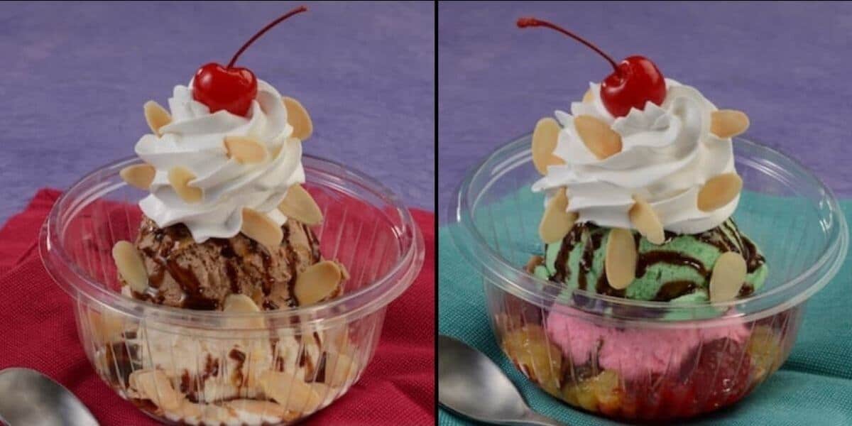 Two ice cream sundeas sitting on a table