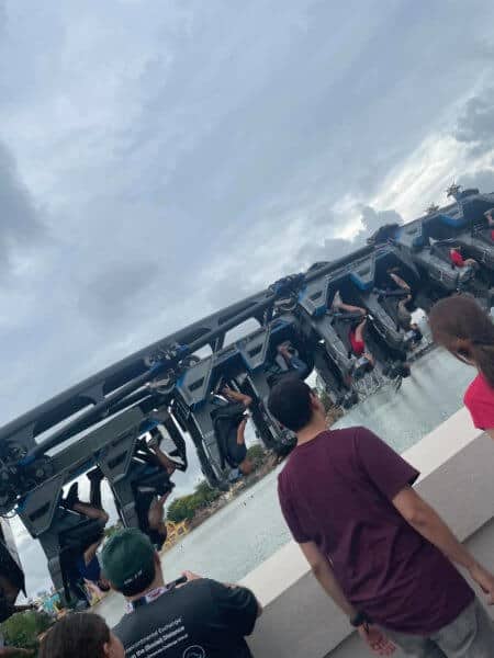 A group of people in line to ride Velocicoaster 