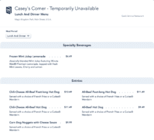 Casey's Corner Menu