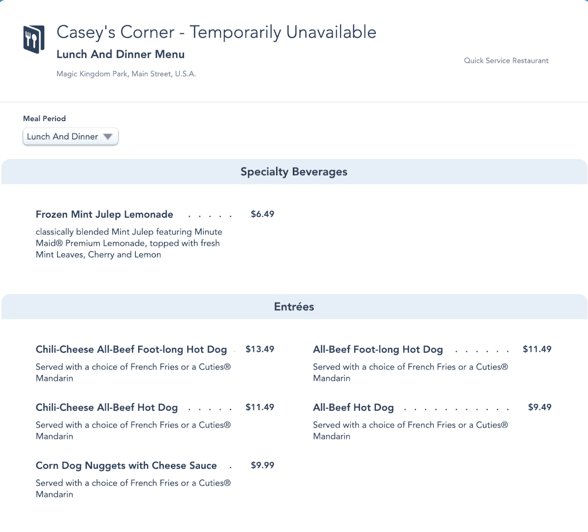 Casey's Corner Menu