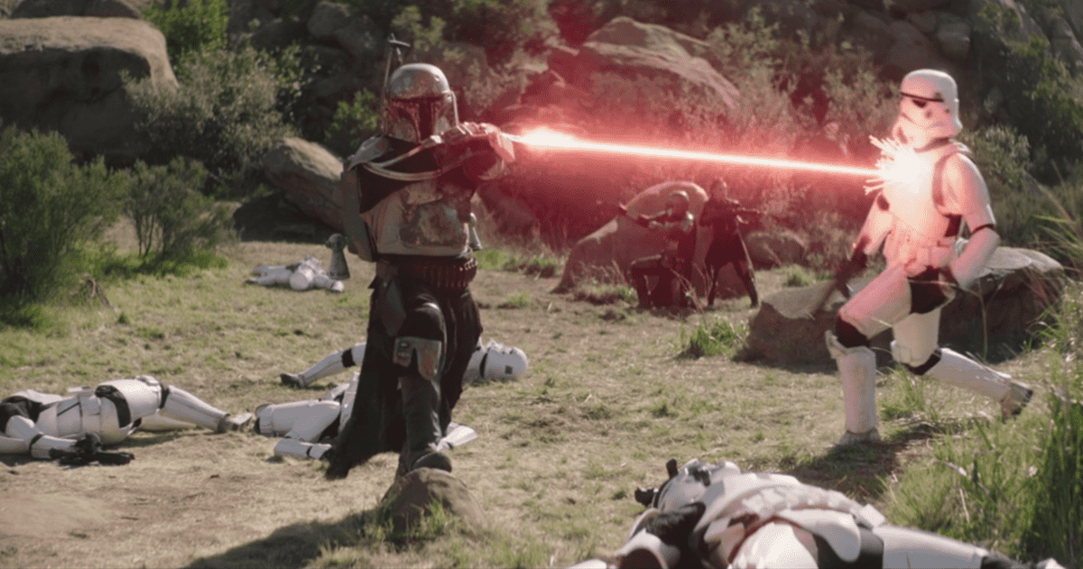 Boba Fett shooting a stormtrooper