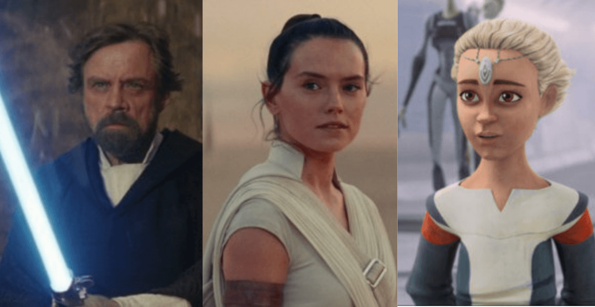 Luke Skywalker holding lightsaber (left), Rey (middle), Omega (right)