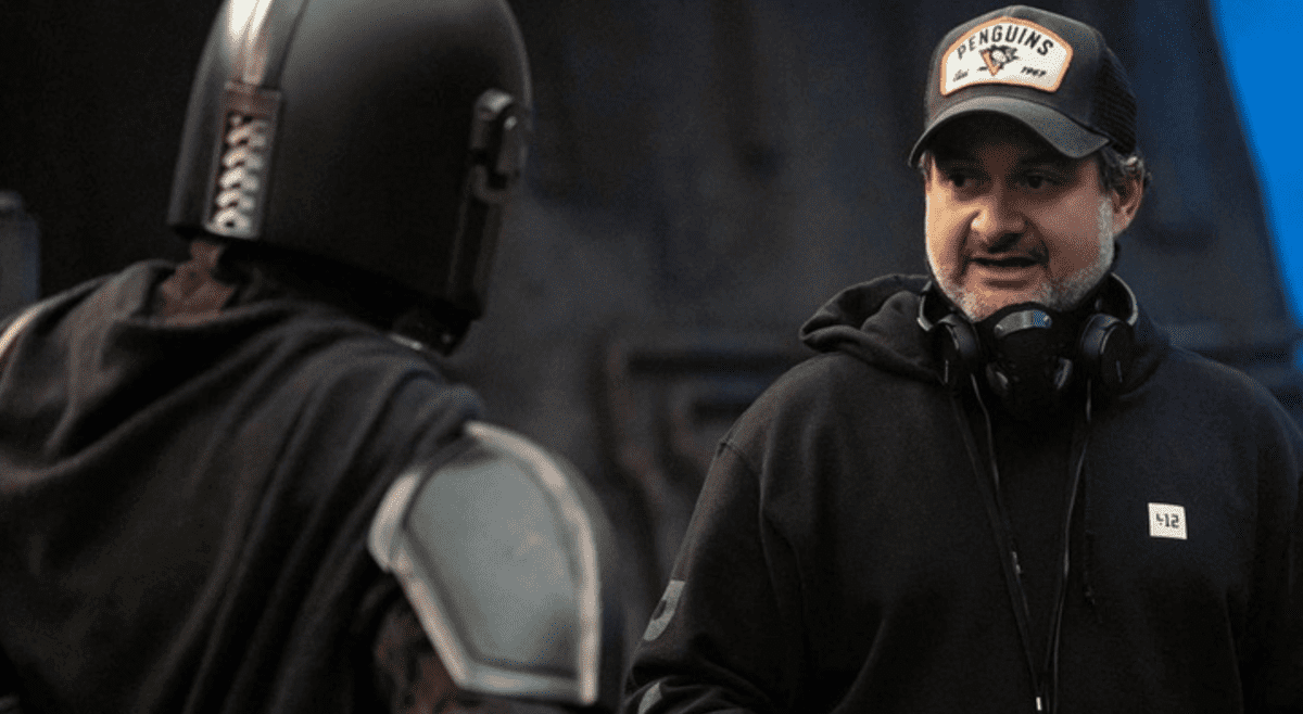 pedro pascal and dave filoni on mandalorian set