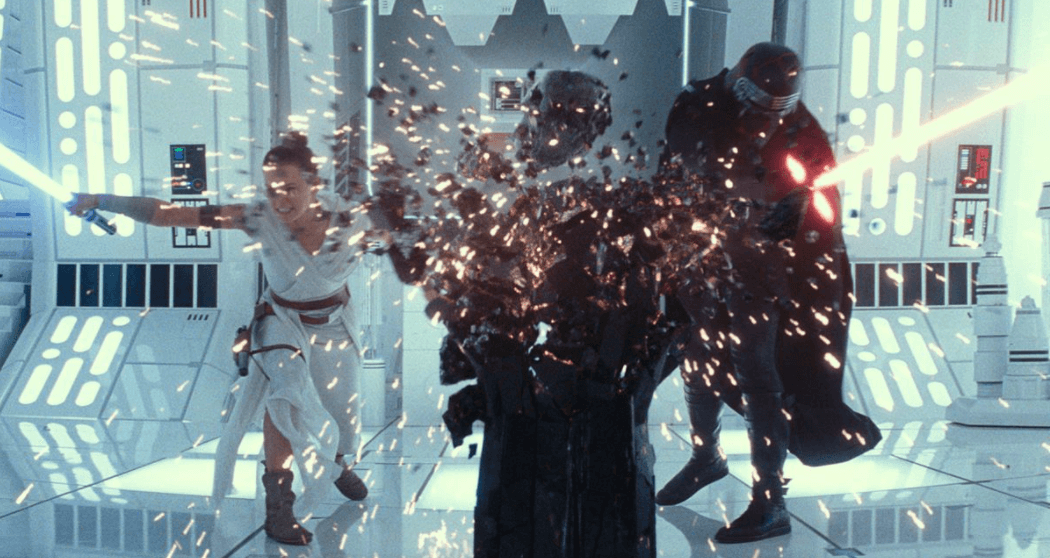 rey (left) and kylo ren (right) with lightsabers in rise of skywalker