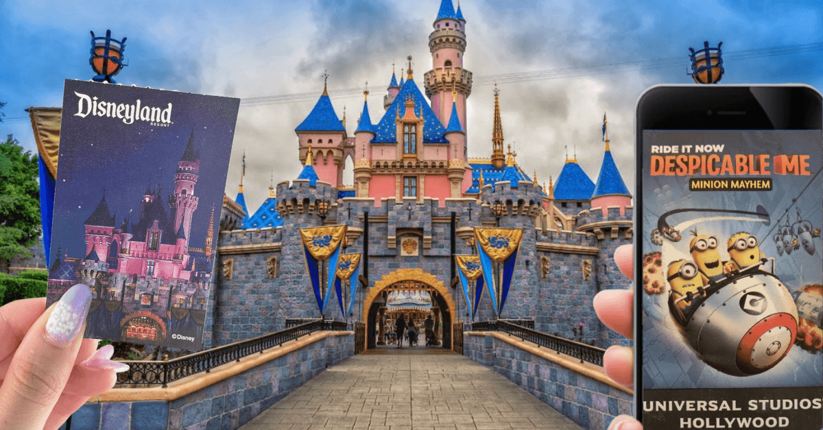 Disneyland and universal theme park tickets with the disneyland castle in the background