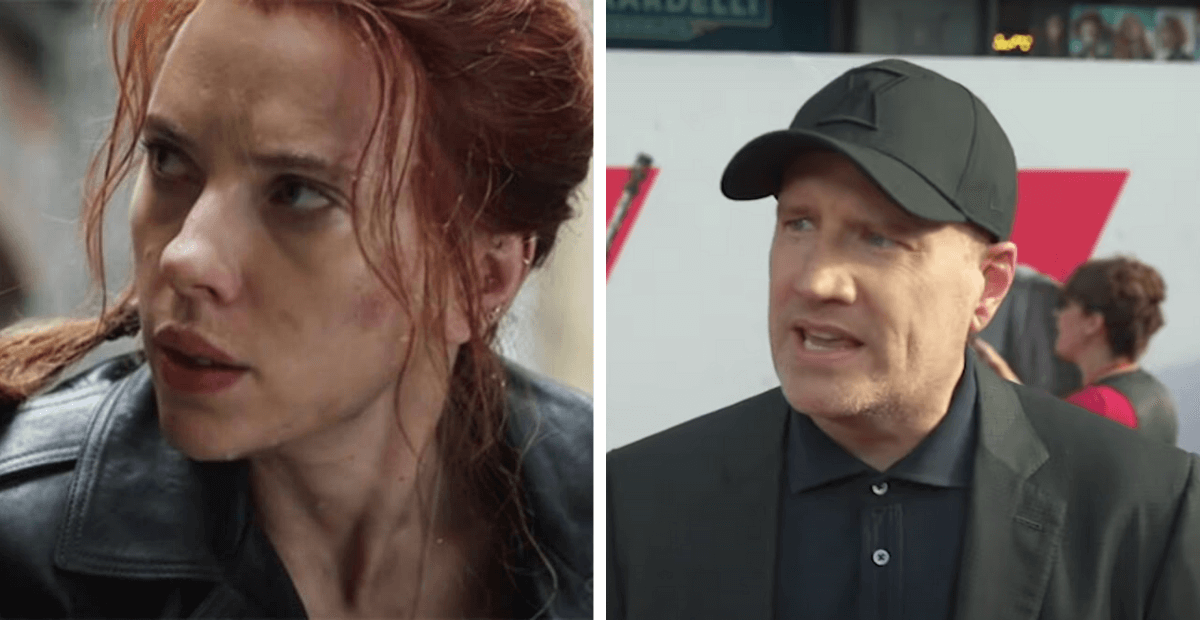 left, scarlett johansson right, kevin feige