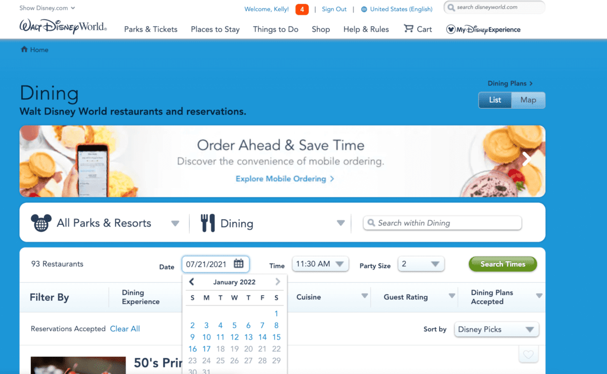 disney dining reservation website