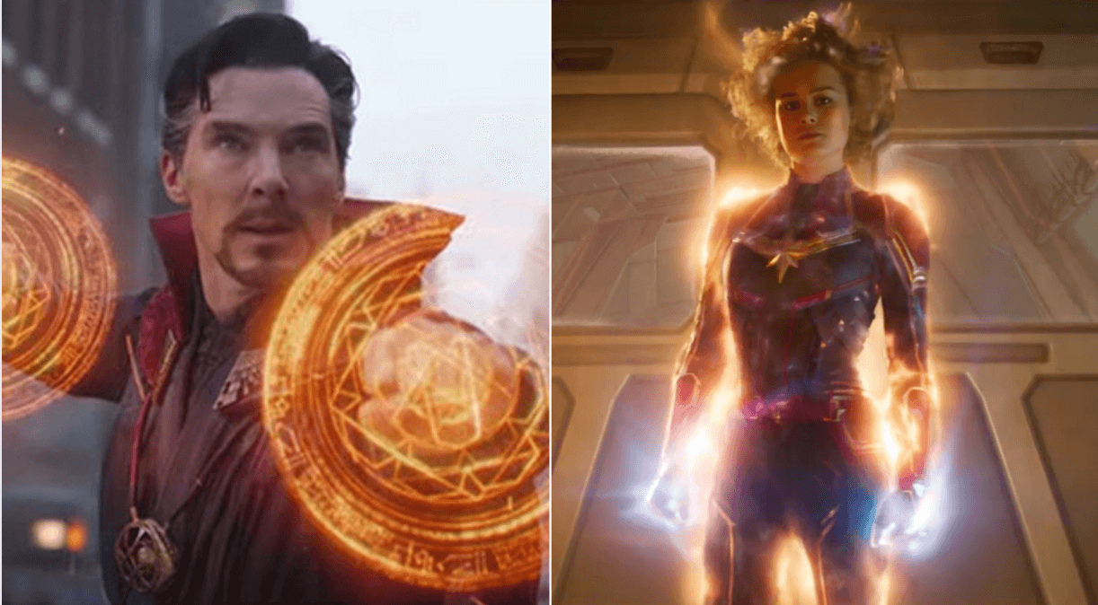 benedict cumberbatch as doctor strange (left) and brie larson as captain marvel (right)