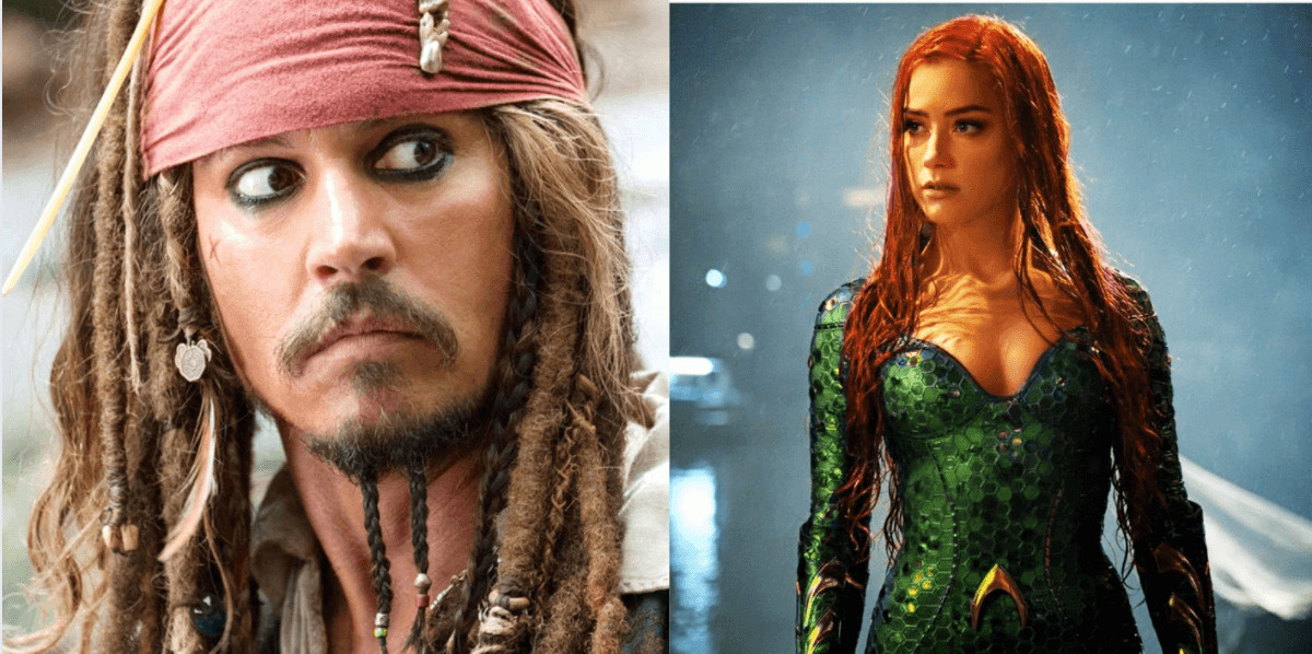 johnny depp as jack sparrow (left) and amber heard as mera (right)