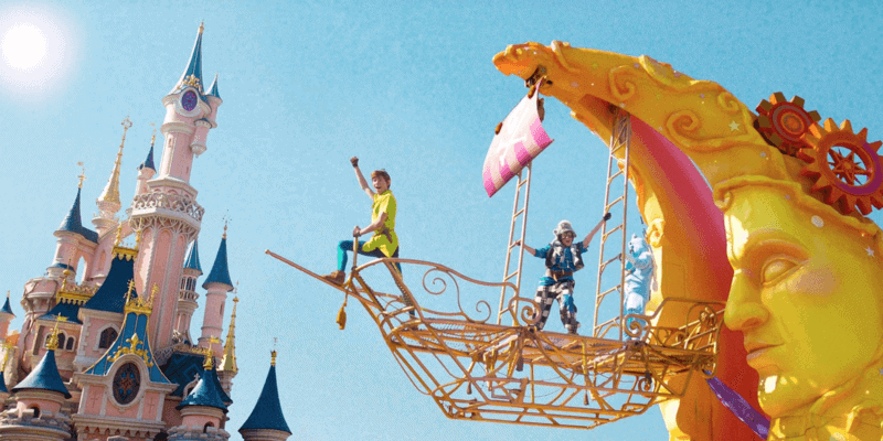 Peter Pan on a float in front of Sleeping Beauty Castle