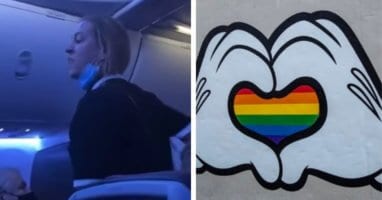Woman being removed from the plane and Pride flag