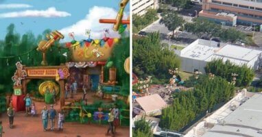 woodys roundup bbq concept art (left) construction (right)