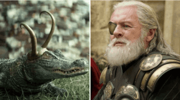 alligator loki (left) and anthony hopkins as odin (right)
