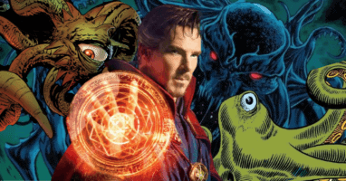 benedict cumberbatch as doctor strange with shuma gorath chthon and gargantos monsters from marvel comics