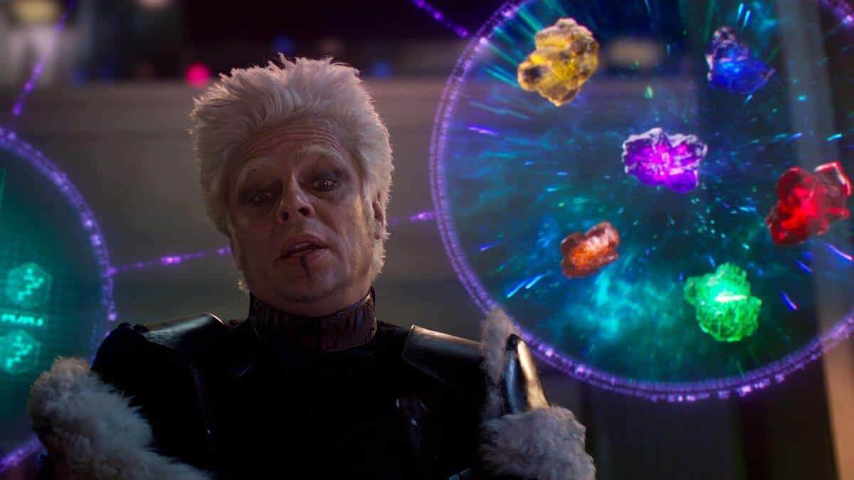 the collector taneleer tivan benicio del toro with infinity stones in guardians of the galaxy