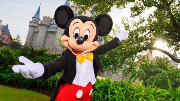 mickey mouse in front of cinderella castle