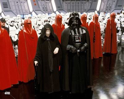 palpatine (left) and darth vader (right) with stormtroopers in return of the jedi