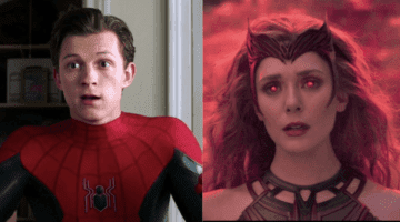 tom holland as spider-man (left) and elizabeth olsen as scarlet witch (right)