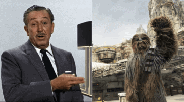 walt disney with carousel of progress model (left) and chewbacca at star wars galaxy's edge (right)