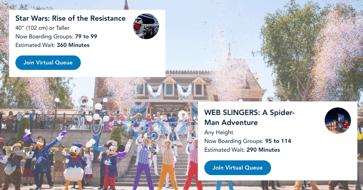 Disneyland dapper dans on Main Street train station (background) disneyland app boarding groups (foreground)