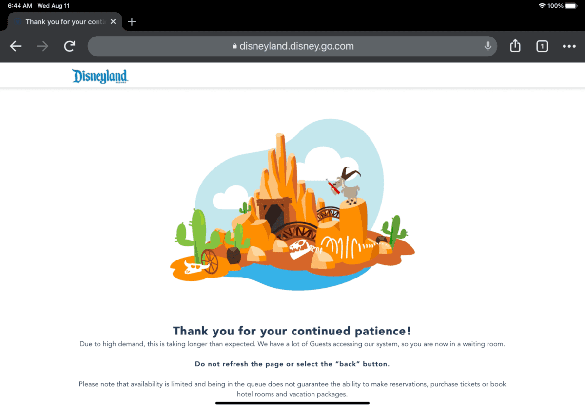 Disneyland dining virtual queue webpage
