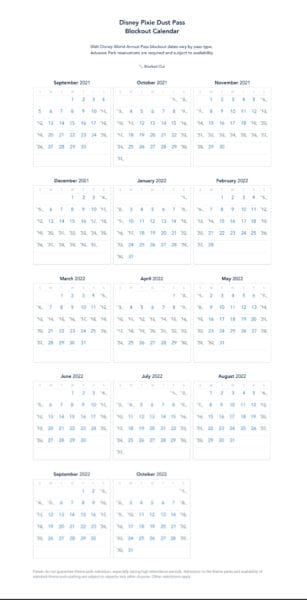 Disney pixie dust pass blockout calendar