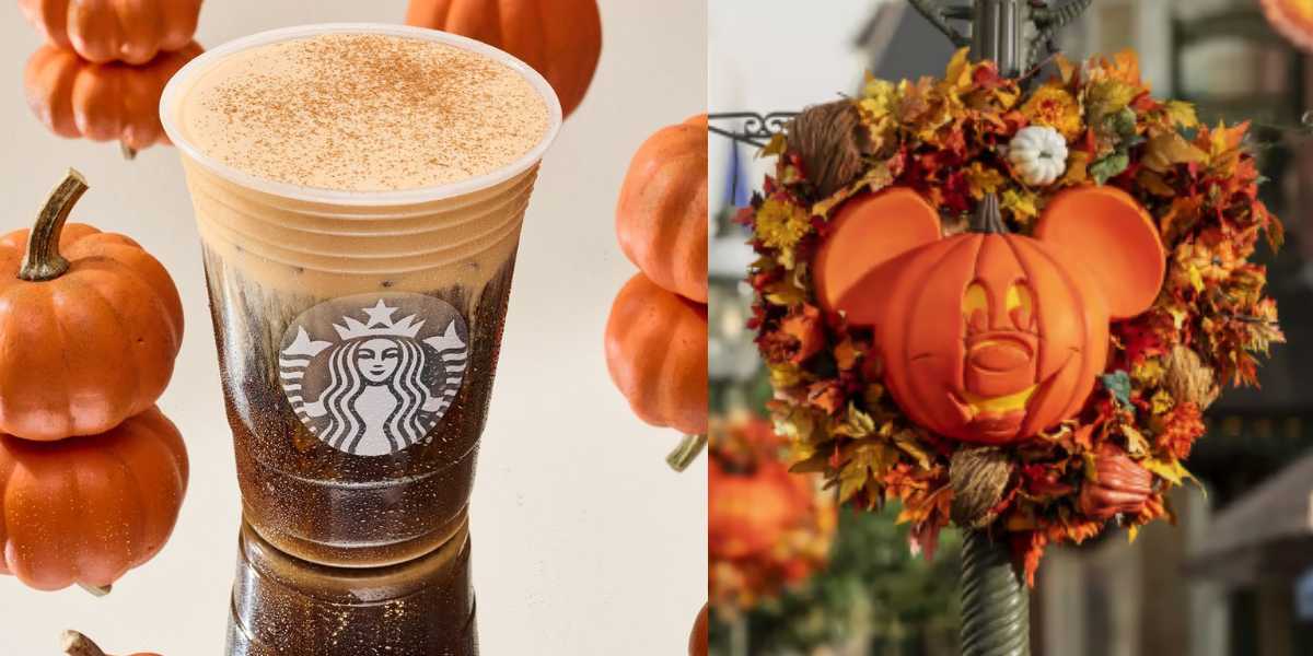 A Starbucks cup filled with a layered Disney Pumpkin Spice Latte sits amidst small pumpkins. To the right, a festive autumn wreath, shaped like the head of Mickey Mouse with a carved pumpkin face, hangs on a post, adorned with fall leaves and small pumpkins.