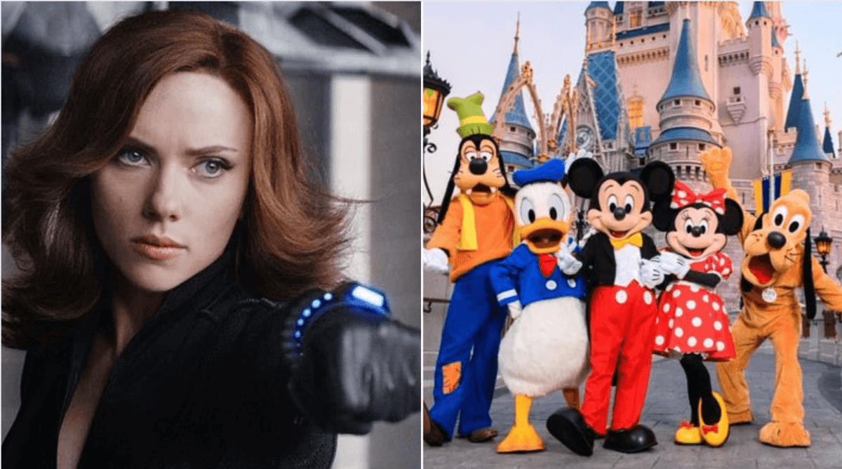 scarlett johansson as black widow (left) and disney characters with cinderella castle (right)