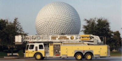 Reedy Creek Fire Dept. truck in front EPCOT's Spaceship Earth at Disney World
