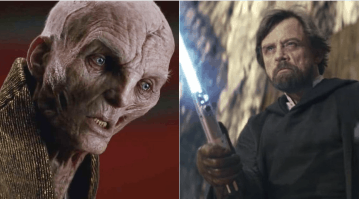 supreme leader snoke (left) and luke skywalker (right)