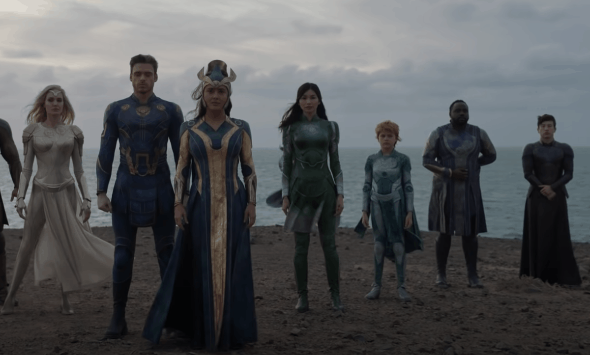 The Eternals (L-R: Thena, Ikaris, Ajak, Sersi, Sprite, Phastos, Druig)