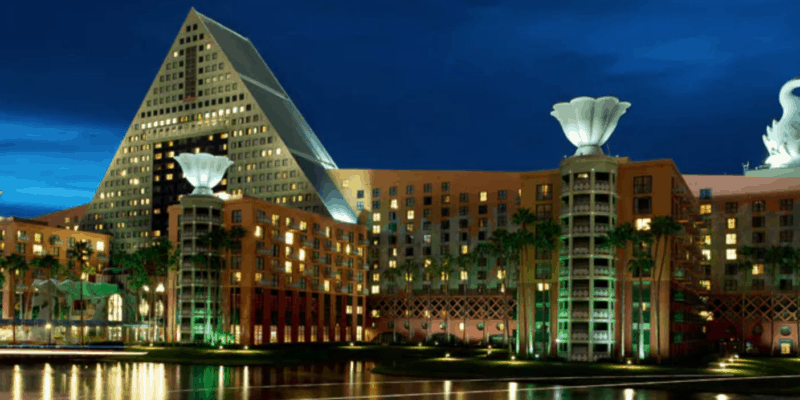 The Disney property resort hotel Swan and Dolphin at night.