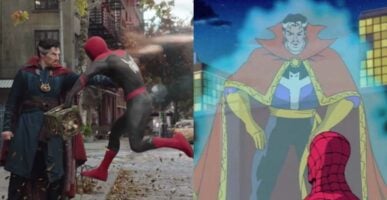 Left: Doctor Strange using magic on Peter Parker / Right: animated Doctor Strange using magic